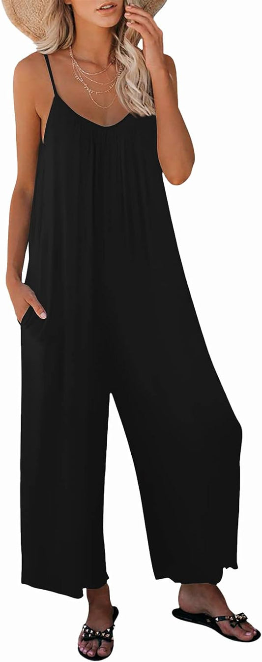 Womens Casual Sleeveless Strap Loose Adjustable Jumpsuits Stretchy Long Pants Romper with Pockets