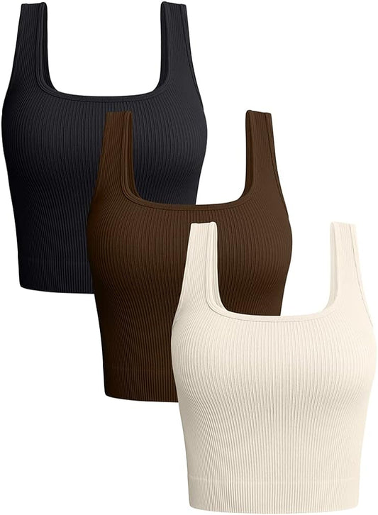 Women'S 3 Piece Tank Tops Ribbed Seamless Workout Exercise Shirts Yoga Crop Tops