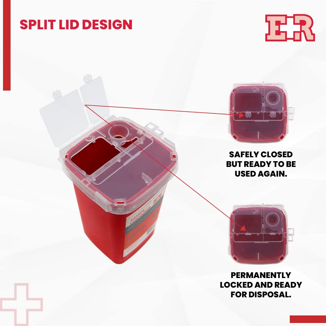 Sharps Container with Split Lid Design and Locking Mechanism for Sharp Waste Disposal, 1 Quart
