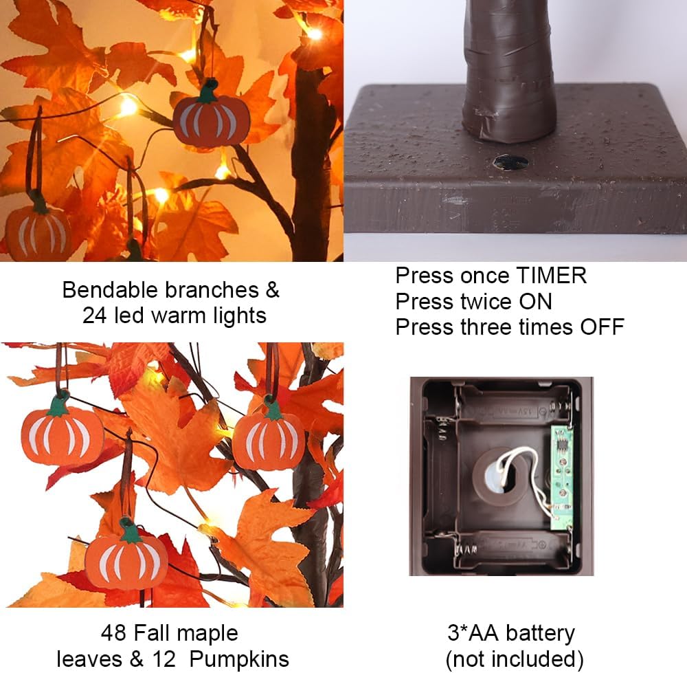Fall Decorations for Home, 24”2FT Lighted Maple Leaves Tree Fall Decor with 24LT Warm White Leds, 12 Wood Pumpkin Ornaments Battery Powered Timer Artificial Trees for Autumn, Thanksgiving
