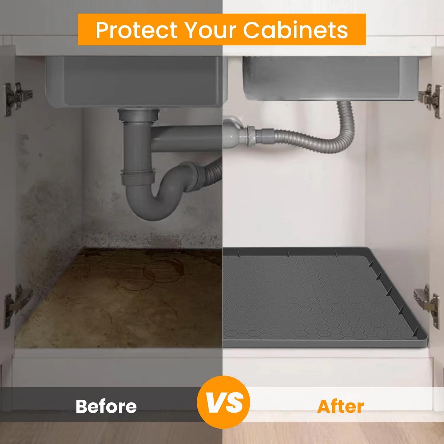 under Sink Mat for [34" X 22"] Cabinet, Silicone Waterproof Mat, Kitchen Cabinet Liner Holds over 2.2 Gallons, Cabinet Protector, under Sink Tray for Drips, Leaks, Spills (Grey)