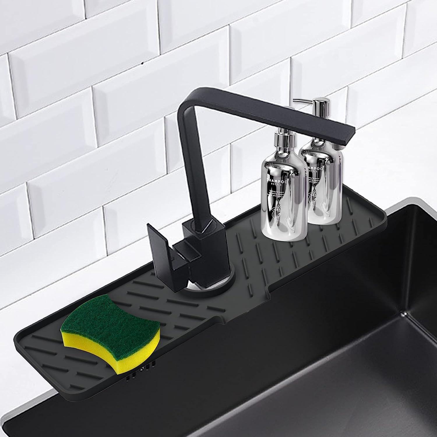 Silicone Faucet Splash Guard, 18” X 5.9”, Faucet Water Catcher Mat, Longer Silicone Sink Mat for Kitchen, Bathroom, Laundry Room, Farmhouse, Bar & RV (Black)
