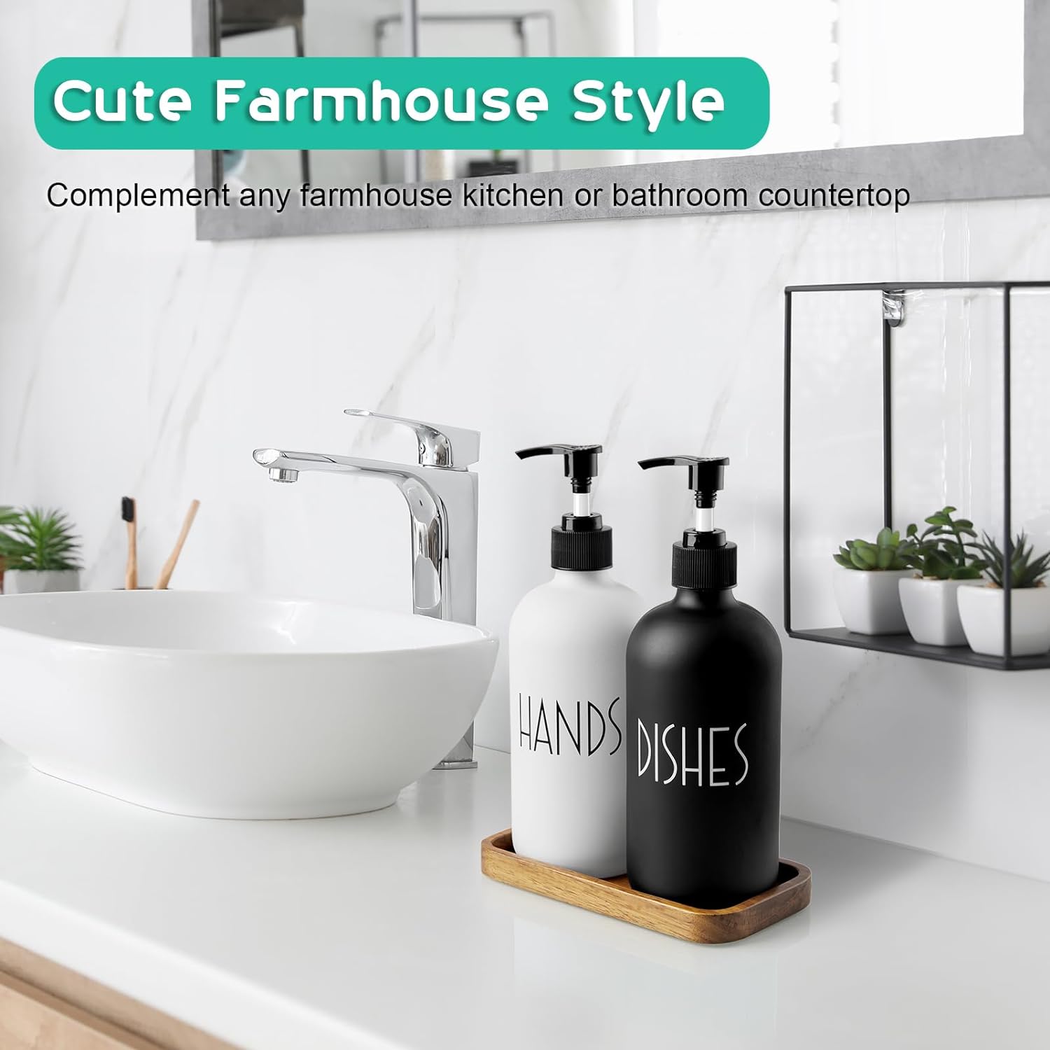 Glass Dish Soap Dispenser for Kitchen - 16 OZ Hand Soap Dispenser Set with Pump and Acacia Wood Tray - Black White Modern Farmhouse Kitchen Bathroom Decor and Accessories