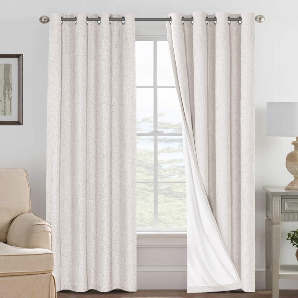Ivory Blackout Curtains for Bedroom, Linen 100% Black Out Curtains Drapes Sliding Door Curtains, Textured Window Curtains Grommet, Energy Efficient Curtains White Liner, 2 Panels