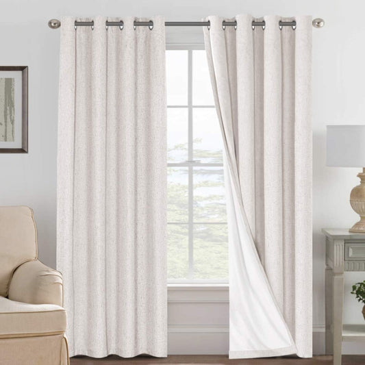 Ivory Blackout Curtains for Bedroom, Linen 100% Black Out Curtains Drapes Sliding Door Curtains, Textured Window Curtains Grommet, Energy Efficient Curtains White Liner, 2 Panels