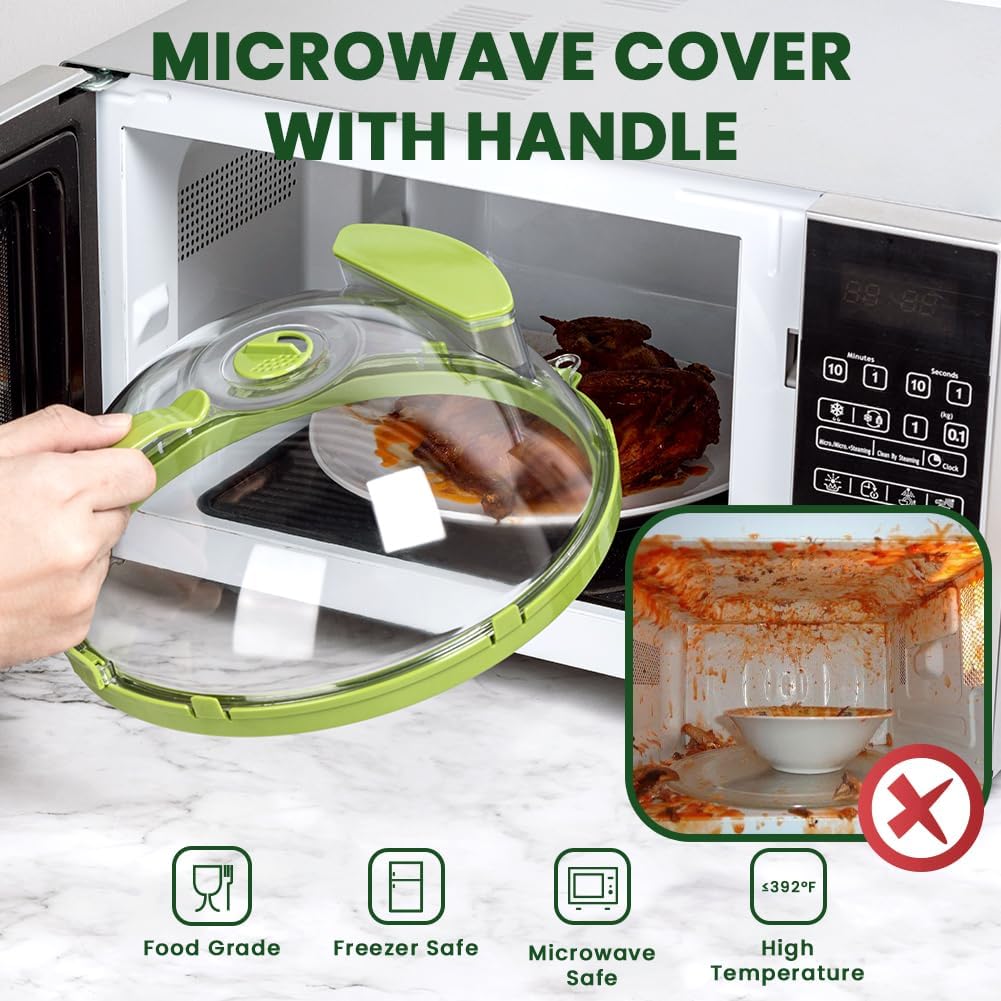 Microwave Cover for Food, Clear Microwave Splatter Cover with Handle and Water Storage Box, 10 Inch Plate Covers, Kitchen Gadgets and Accessories, House Essentials for New Home Gifts, Green