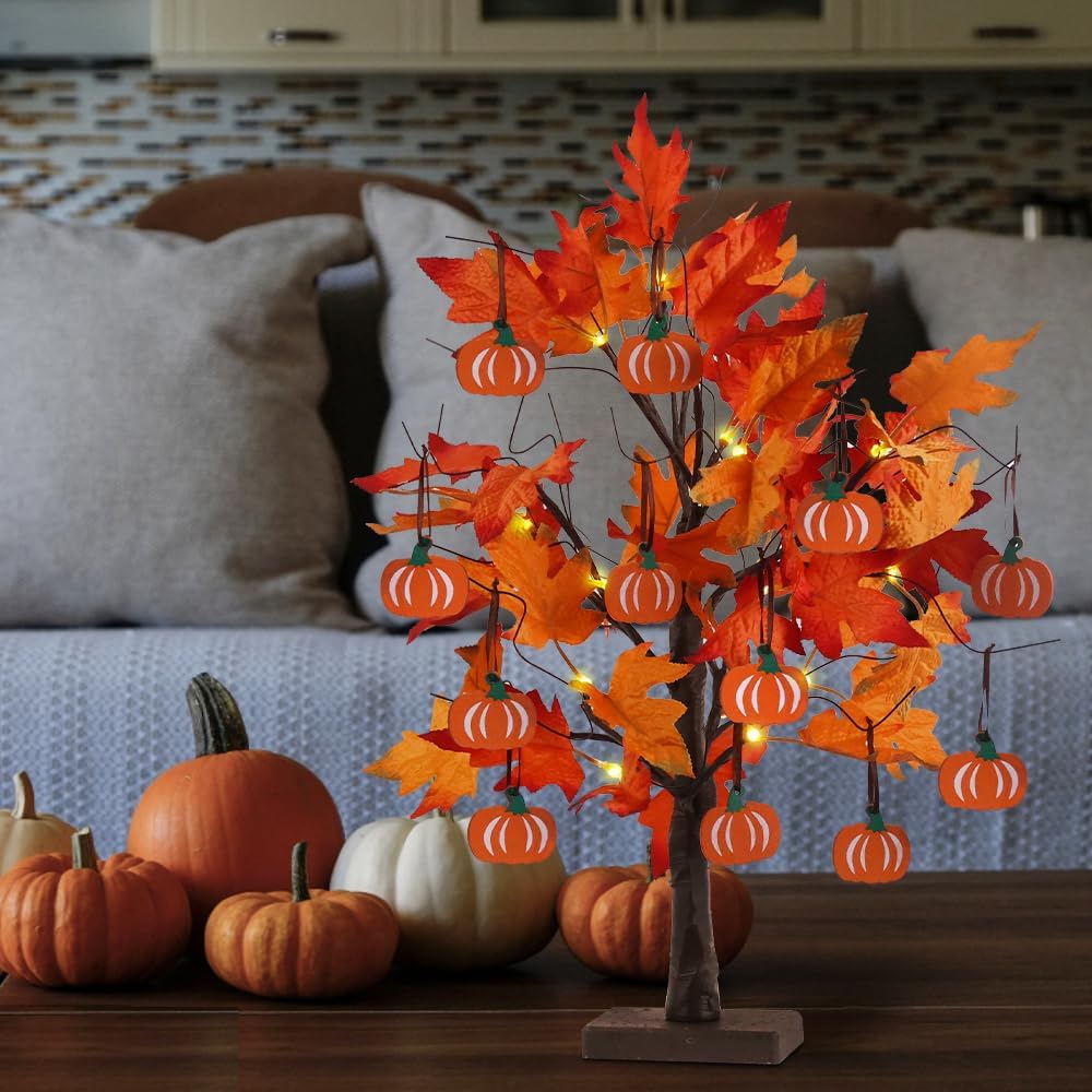 Fall Decorations for Home, 24”2FT Lighted Maple Leaves Tree Fall Decor with 24LT Warm White Leds, 12 Wood Pumpkin Ornaments Battery Powered Timer Artificial Trees for Autumn, Thanksgiving