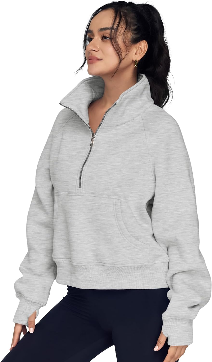 Womens Sweatshirts Half Zip Cropped Pullover Fleece Quarter Zipper Hoodies Fall Outfits Clothes Thumb Hole