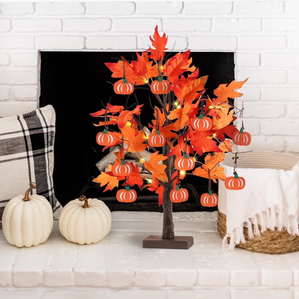 Fall Decorations for Home, 24”2FT Lighted Maple Leaves Tree Fall Decor with 24LT Warm White Leds, 12 Wood Pumpkin Ornaments Battery Powered Timer Artificial Trees for Autumn, Thanksgiving