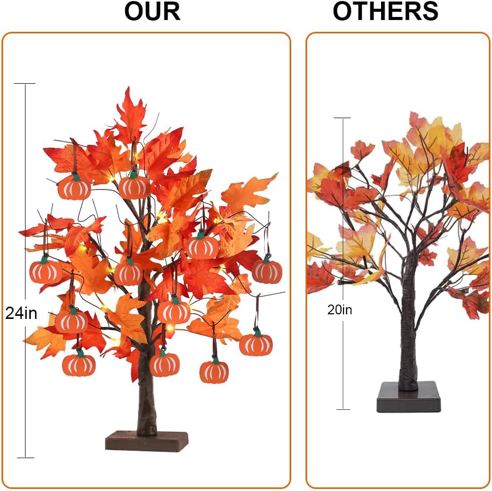 Fall Decorations for Home, 24”2FT Lighted Maple Leaves Tree Fall Decor with 24LT Warm White Leds, 12 Wood Pumpkin Ornaments Battery Powered Timer Artificial Trees for Autumn, Thanksgiving