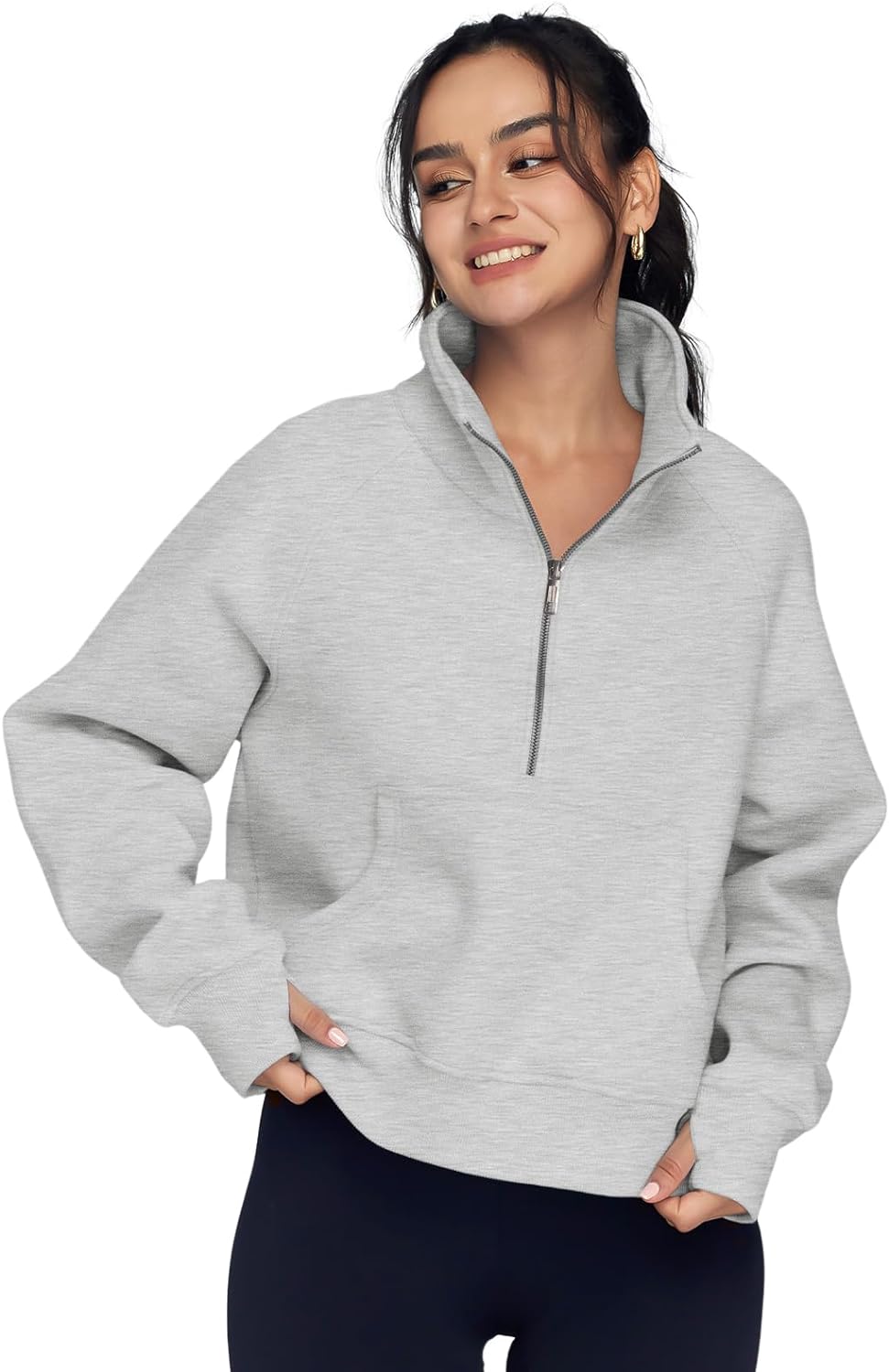 Womens Sweatshirts Half Zip Cropped Pullover Fleece Quarter Zipper Hoodies Fall Outfits Clothes Thumb Hole