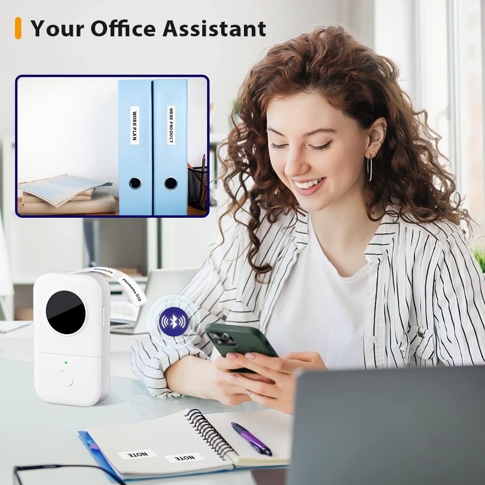 D30 Label Printer, Bluetooth Wireless Mini Pocket Smartphone Label Maker Machine with Tape, Direct Thermal Printer Rechargeable Labeler Compatible with Iphone/Android, for Home Office