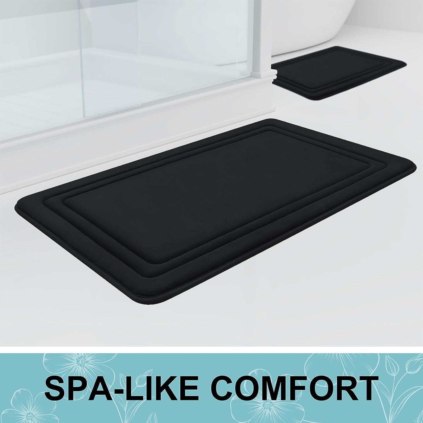 Memory Foam Bath Mat Rug 24X16, Ultra Soft, Non-Slip and Absorbent Bathroom Rugs, Machine Wash Dry, Comfortable Bath Rug Carpet for Bathroom Floor, Tub and Shower, Black