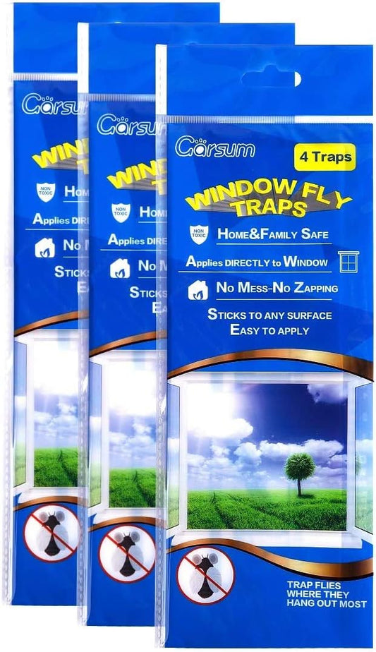 Window Fly Traps Indoor, Fly Paper Bug Sticky Strips, House Fly Killer Window Decal Non-Toxic,4 Piece per Pack Total 12 Pices