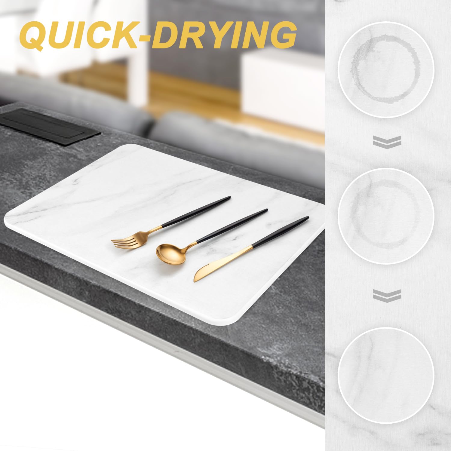 Stone Dish Drying Mats for Kitchen Counter, Ultra Absorbent, Fast Dry, Non-Slip, Heat Resistant, Eco-Friendly Diatomaceous Earth Mat for Baby Bottles, Dishes, and More(16X12 Inch, Whtie Marble)