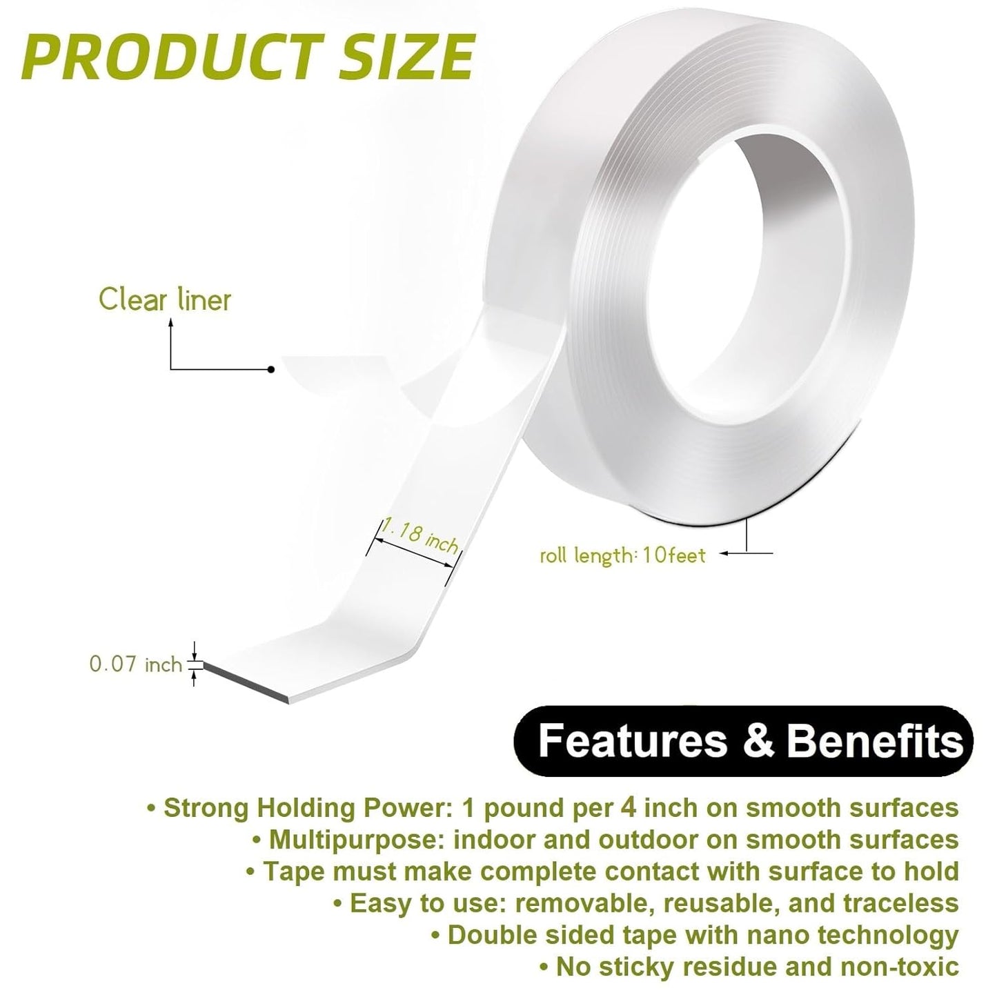 Double Sided Tape Heavy Duty, Extra Large Double Sided Adhesive, Removable Double Stick Tape, Picture Hanging Strips, Sticky Carpet Tape, Multipurpose (10 Feet)