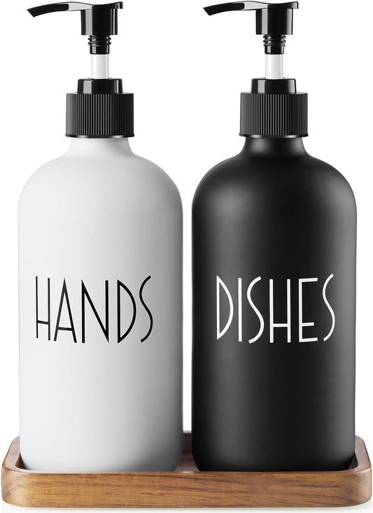 Glass Dish Soap Dispenser for Kitchen - 16 OZ Hand Soap Dispenser Set with Pump and Acacia Wood Tray - Black White Modern Farmhouse Kitchen Bathroom Decor and Accessories
