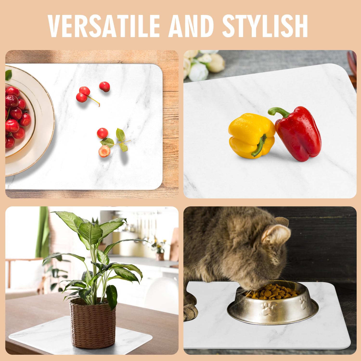 Stone Dish Drying Mats for Kitchen Counter, Ultra Absorbent, Fast Dry, Non-Slip, Heat Resistant, Eco-Friendly Diatomaceous Earth Mat for Baby Bottles, Dishes, and More(16X12 Inch, Whtie Marble)