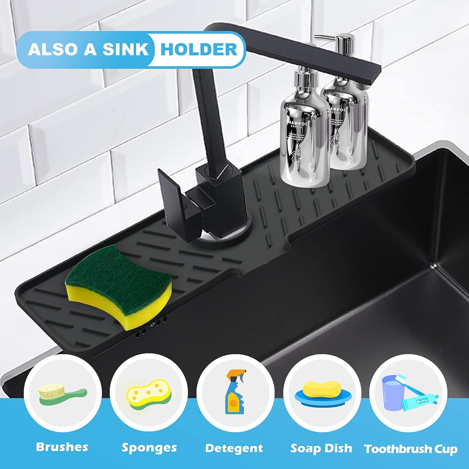 Silicone Faucet Splash Guard, 18” X 5.9”, Faucet Water Catcher Mat, Longer Silicone Sink Mat for Kitchen, Bathroom, Laundry Room, Farmhouse, Bar & RV (Black)