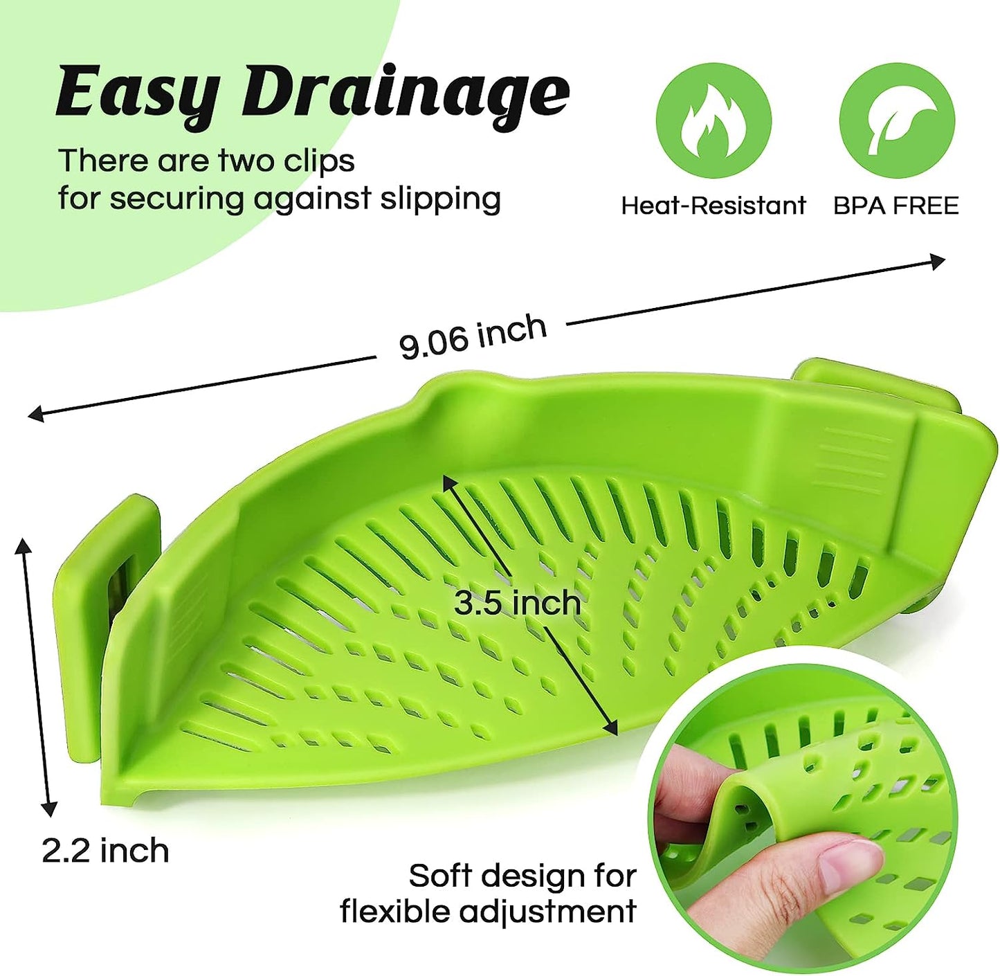 Pasta Strainer, Pot Strainer Clip on Silicone – Adjustable Clip on Strainer for Pots, Strainers and Colanders, Silicone Strainer, Food Strainer, Pasta Drainer, Colander (Green) by