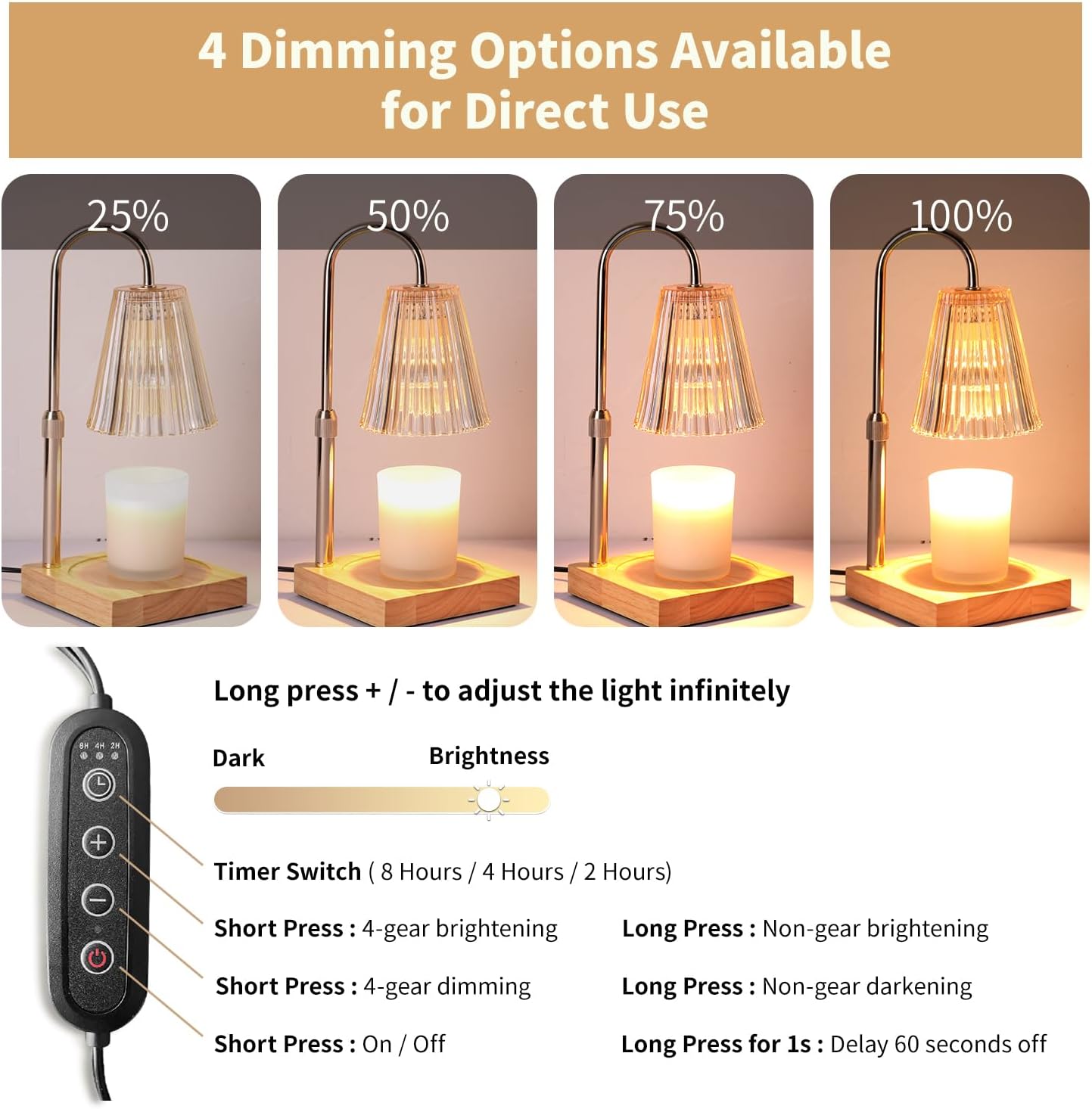 Candle Warmer Lamp, Candle Lamp Warmer with Dimmer, Electric Candle Warmer for Jar Candles Lamp Warmer Bedroom Home Decor, 2H/4H/8H Timer Adjustable Height with 2 Bulbs, (Amber)