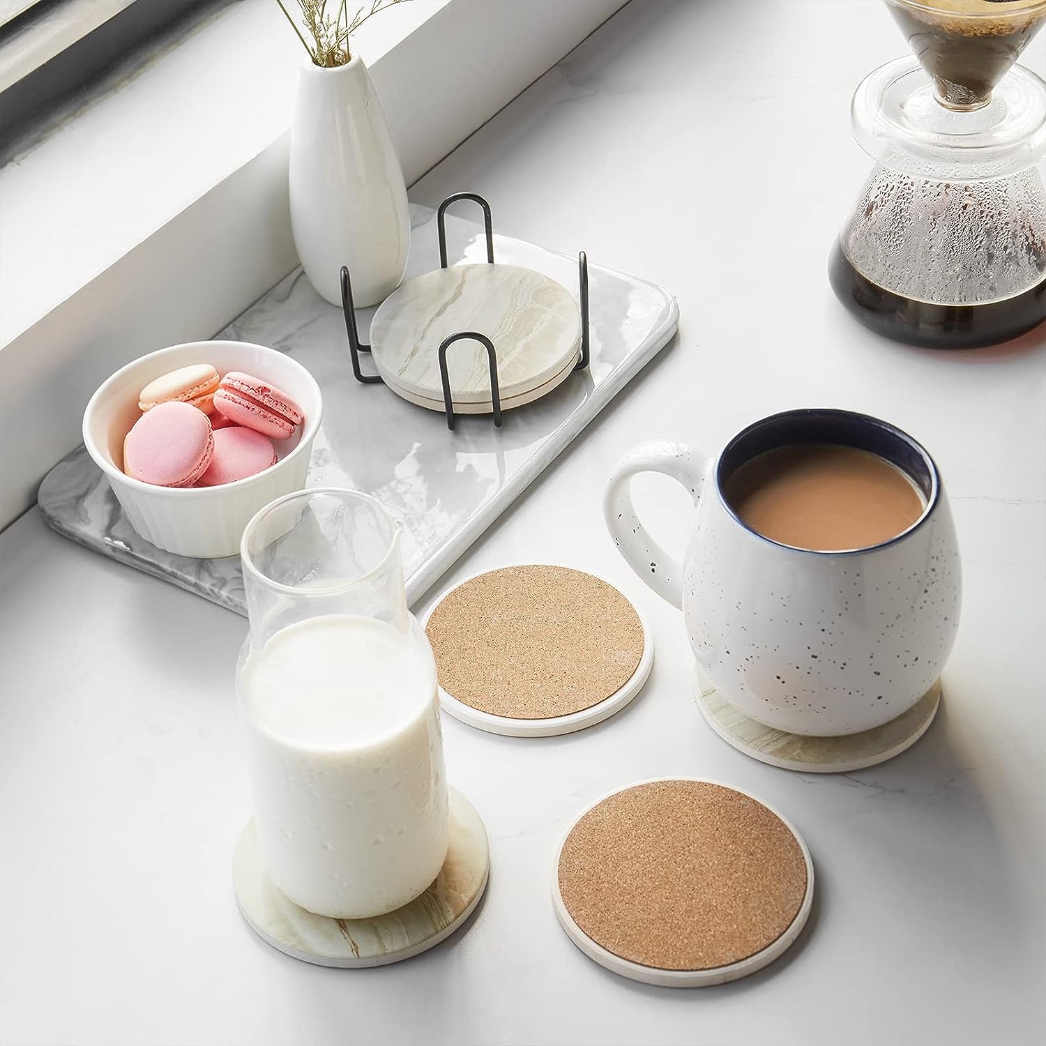 Drink Coasters with Holder, Absorbent Coaster Sets of 6, Marble Style Ceramic Drink Coaster for Tabletop Protection,Suitable for Kinds of Cups, Wooden Table, Cool Home Decor, 4 Inches