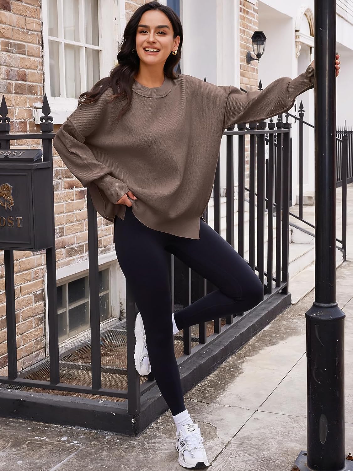 Women'S Crewneck Batwing Long Sleeve Sweater 2023 Fall Oversized Ribbed Knit Side Slit Pullover Top
