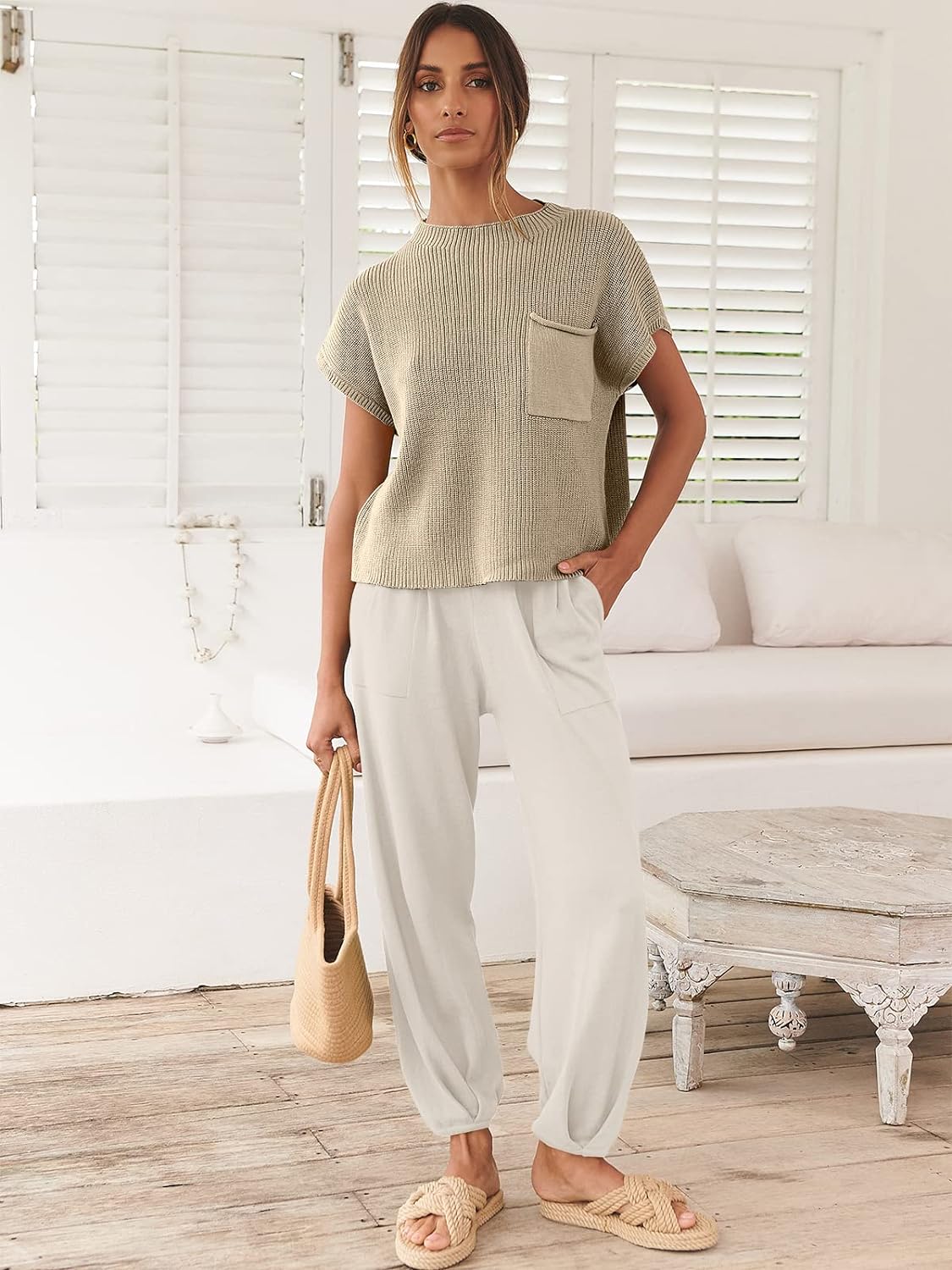 Women'S Two Piece Outfits Sweater Sets Knit Pullover Tops and High Waisted Pants Tracksuit Lounge Sets