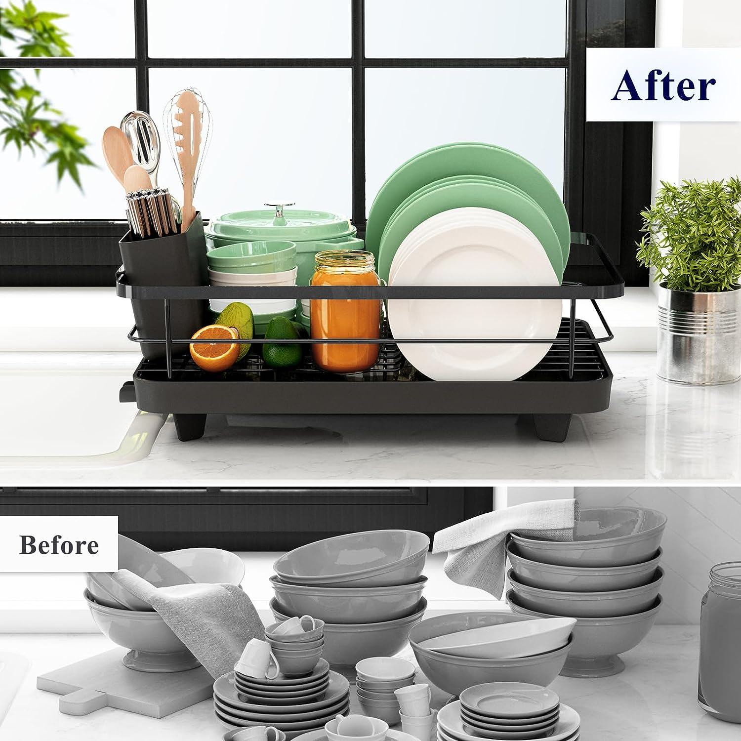 Dish Drying Rack- Space-Saving, for Kitchen Counter, Durable Stainless Steel Rack with a Cutlery Holder, for Dishes, Knives, Spoons, and Forks