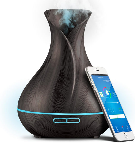 Smart Wifi Wireless Essential Oil Aromatherapy 400Ml Ultrasonic Diffuser & Humidifier with Alexa & Google Home Phone App & Voice Control - Create Schedules - LED & Timer Settings Dark Brown