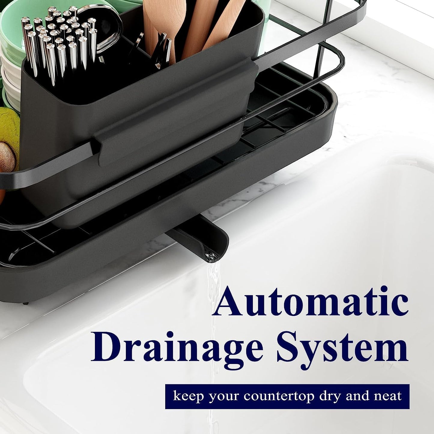 Dish Drying Rack- Space-Saving, for Kitchen Counter, Durable Stainless Steel Rack with a Cutlery Holder, for Dishes, Knives, Spoons, and Forks