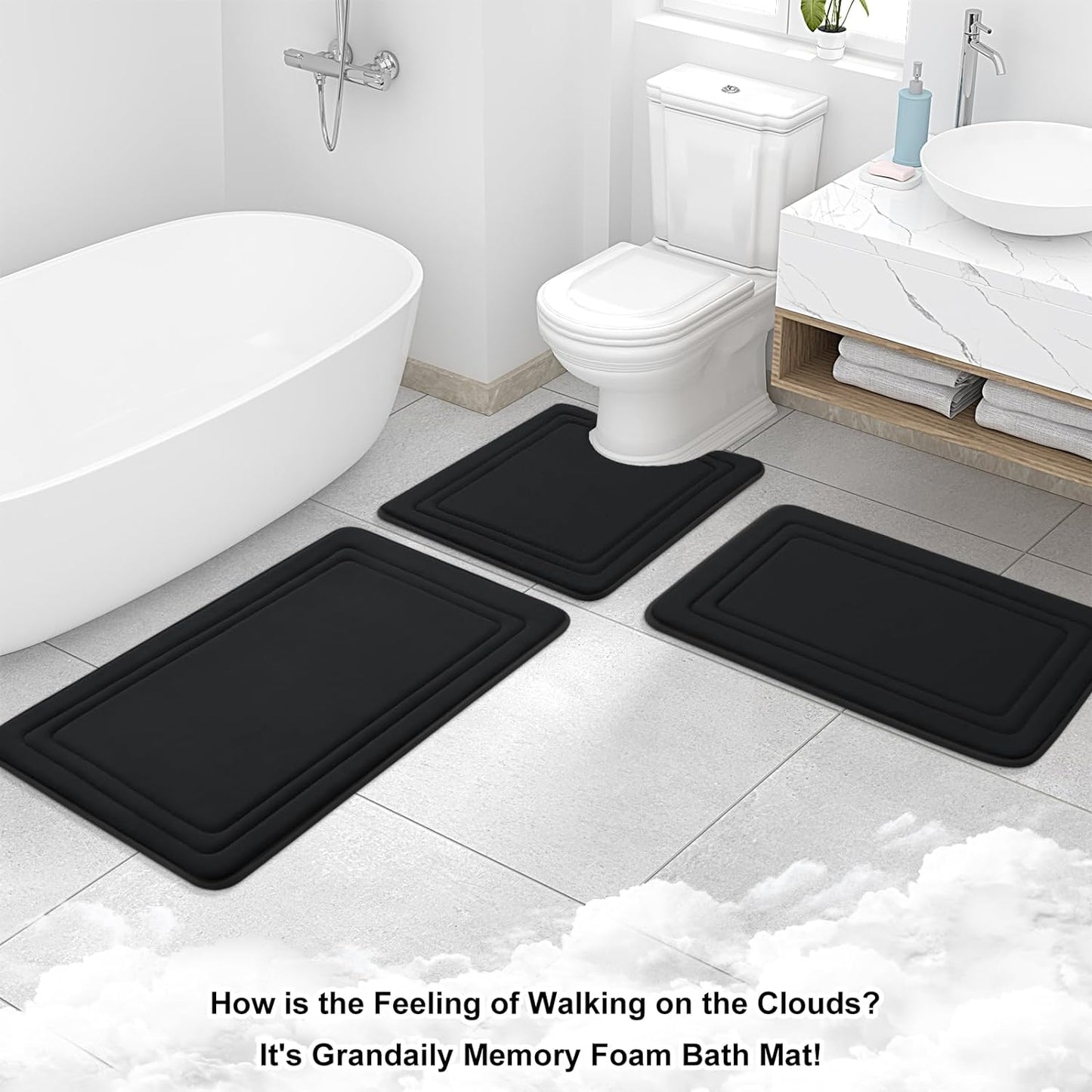 Memory Foam Bath Mat Rug 24X16, Ultra Soft, Non-Slip and Absorbent Bathroom Rugs, Machine Wash Dry, Comfortable Bath Rug Carpet for Bathroom Floor, Tub and Shower, Black