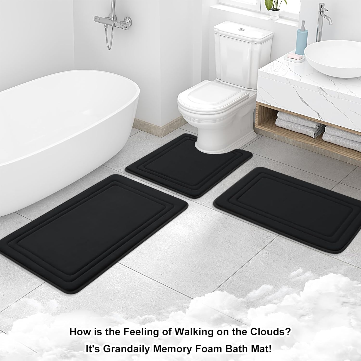Memory Foam Bath Mat Rug 24X16, Ultra Soft, Non-Slip and Absorbent Bathroom Rugs, Machine Wash Dry, Comfortable Bath Rug Carpet for Bathroom Floor, Tub and Shower, Black