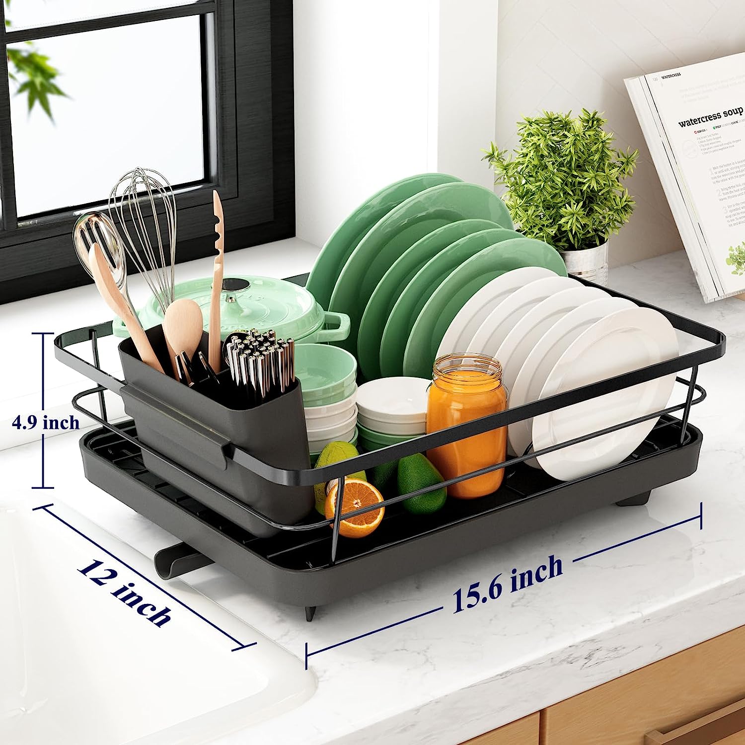 Dish Drying Rack- Space-Saving, for Kitchen Counter, Durable Stainless Steel Rack with a Cutlery Holder, for Dishes, Knives, Spoons, and Forks