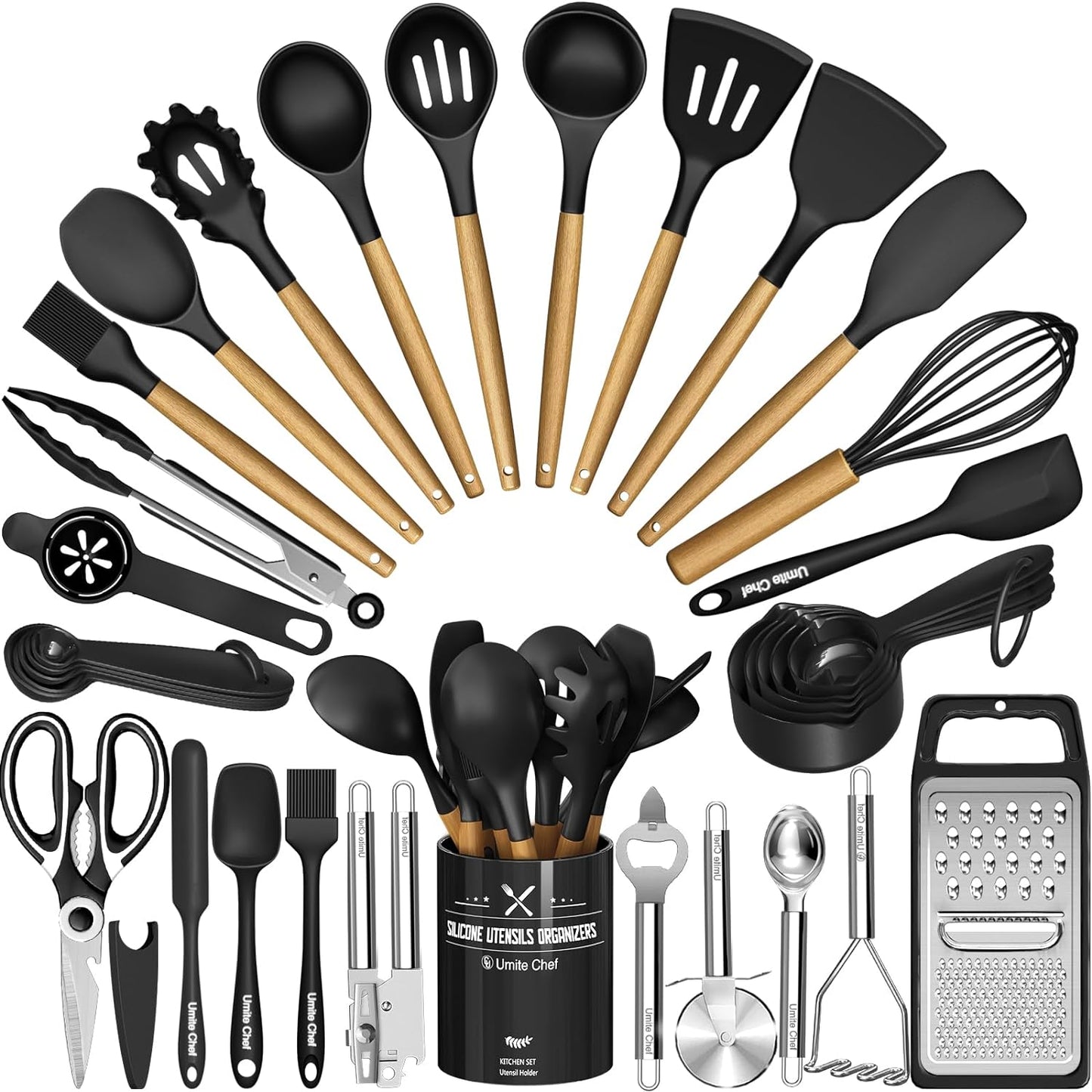 Kitchen Utensils Set- 34PCS Silicone Cooking Utensils with Holder,  Heat Resistant Kitchen Utensil Spatula Set for Nonstick Cookware, Black Wooden Handles Kitchen Gadgets Tools Set