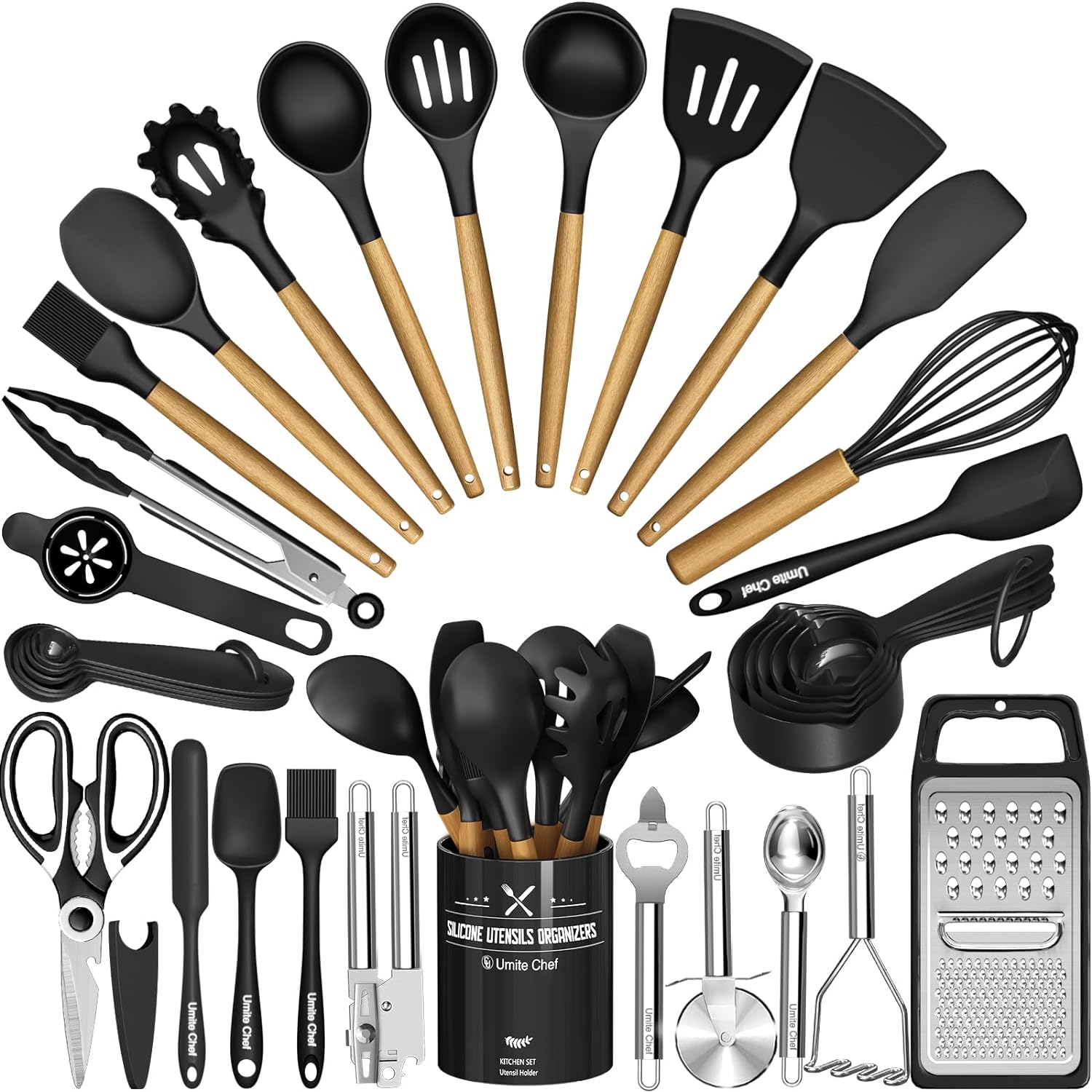 Kitchen Utensils Set- 34PCS Silicone Cooking Utensils with Holder,  Heat Resistant Kitchen Utensil Spatula Set for Nonstick Cookware, Black Wooden Handles Kitchen Gadgets Tools Set