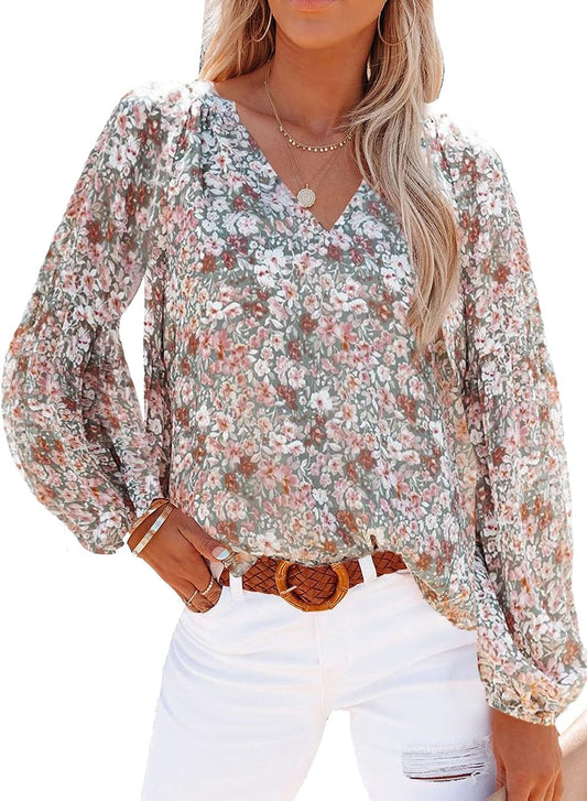Women'S Casual Boho Floral Print V Neck Long Sleeve Loose Blouses Shirts Tops