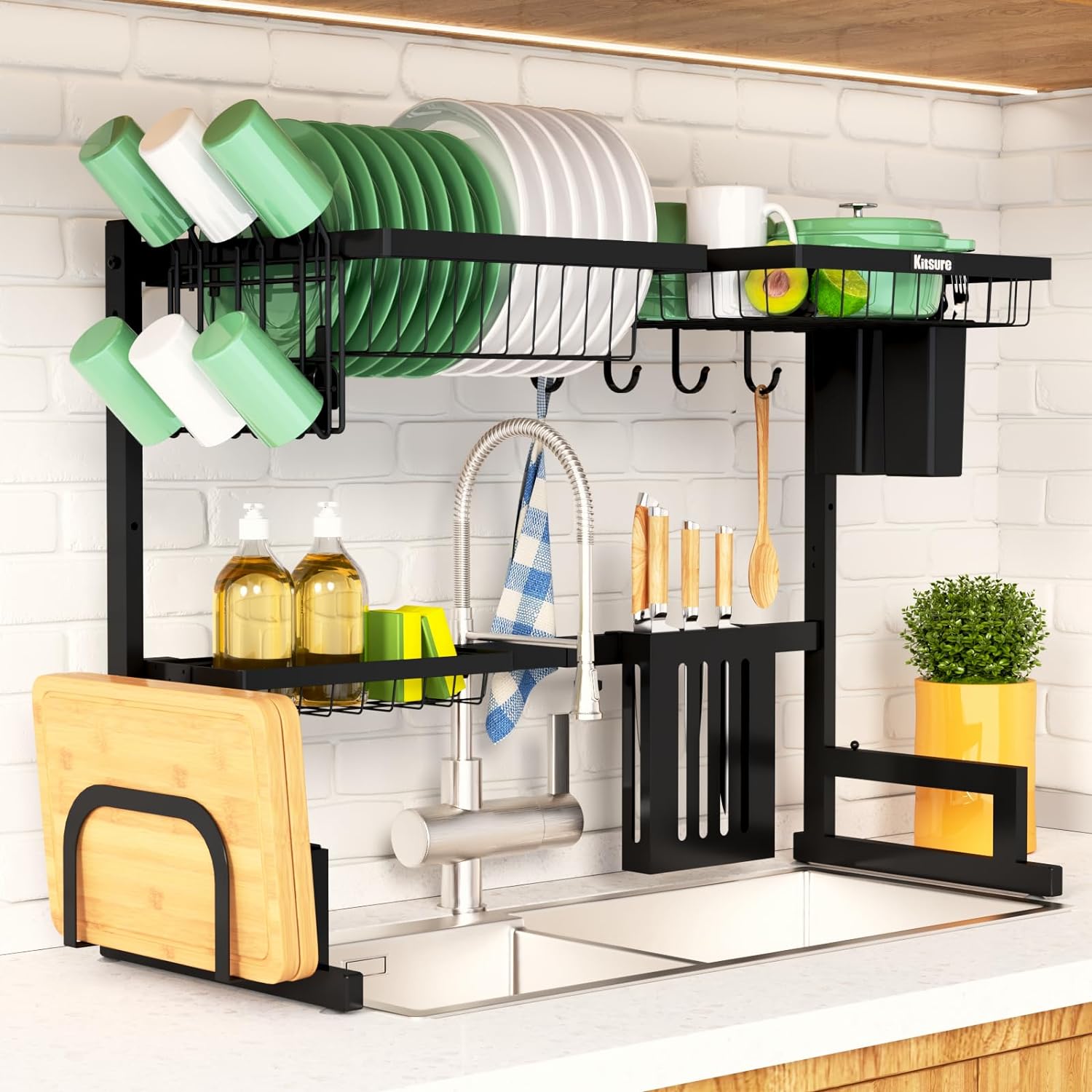 over the Sink Dish Drying Rack - 23.6" to 35"X21.2", Adjustable Drying Rack for Kitchen Sink with Large Capacity, Sink Drying Rack, 2-Tier Dish Rack over Sink with Multifunctional Baskets
