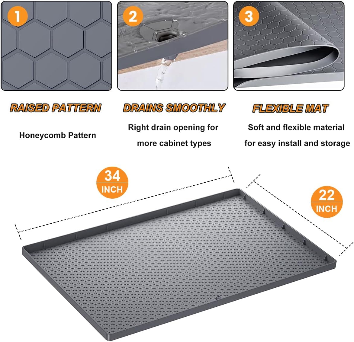 under Sink Mat for [34" X 22"] Cabinet, Silicone Waterproof Mat, Kitchen Cabinet Liner Holds over 2.2 Gallons, Cabinet Protector, under Sink Tray for Drips, Leaks, Spills (Grey)