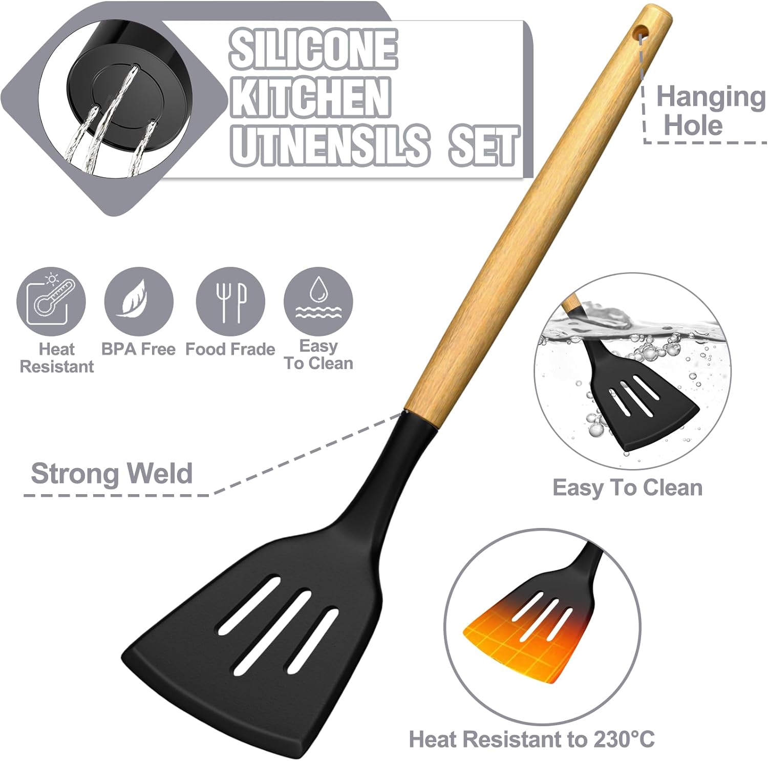 Kitchen Utensils Set- 34PCS Silicone Cooking Utensils with Holder,  Heat Resistant Kitchen Utensil Spatula Set for Nonstick Cookware, Black Wooden Handles Kitchen Gadgets Tools Set