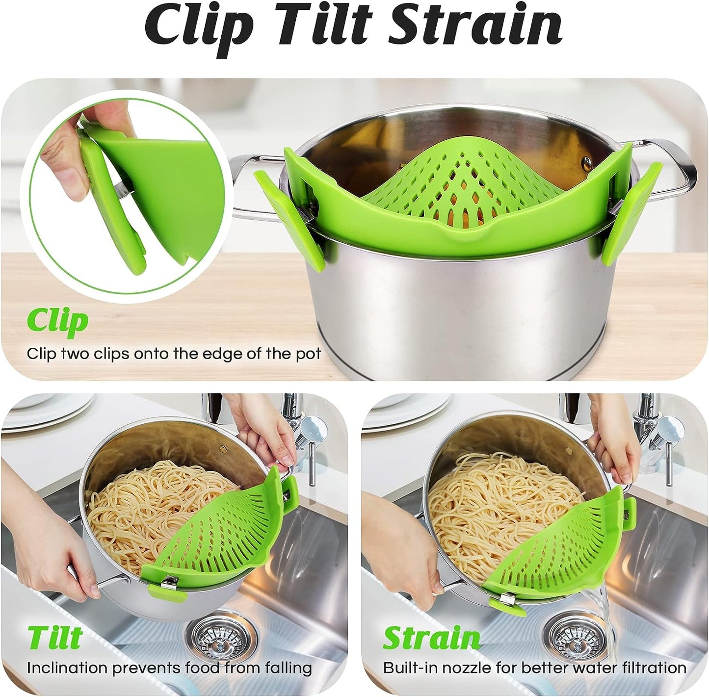 Pasta Strainer, Pot Strainer Clip on Silicone – Adjustable Clip on Strainer for Pots, Strainers and Colanders, Silicone Strainer, Food Strainer, Pasta Drainer, Colander (Green) by