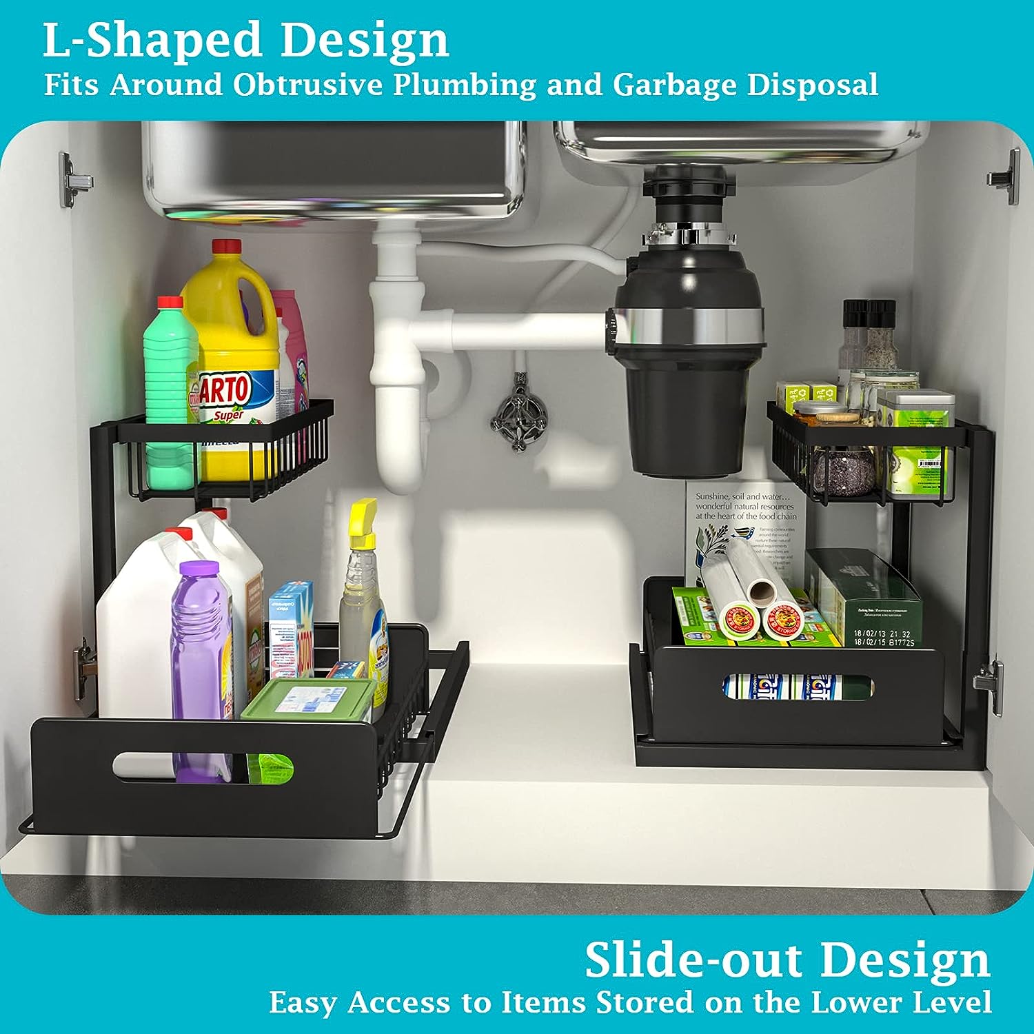 Under Sink Organizer and Storage, 2 Pack Pull Out Cabinet Organizer Slide Out Sink Shelf Cabinet Storage Shelves, under Sink Storage for Kitchen Bathroom Cabinet