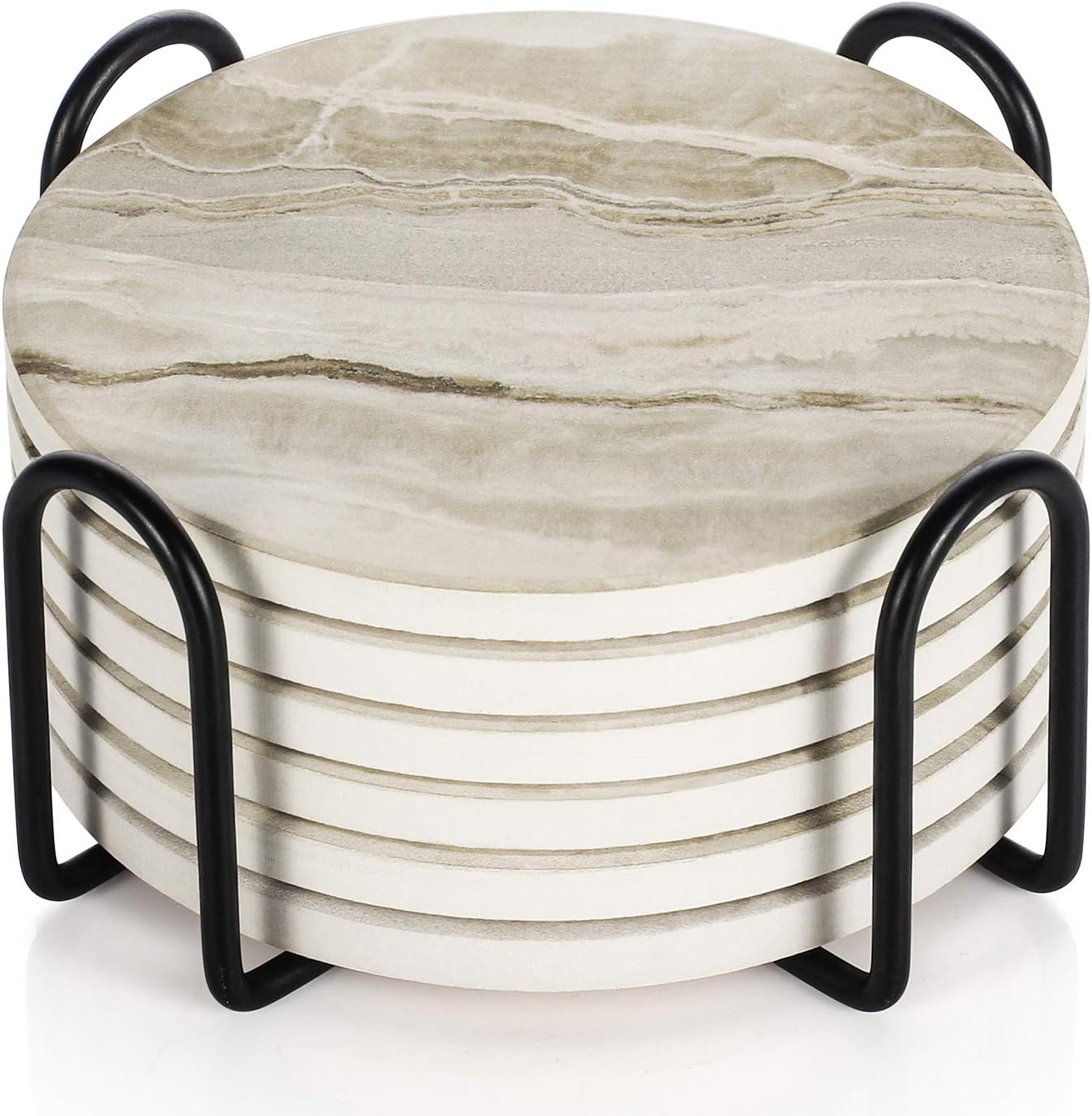 Drink Coasters with Holder, Absorbent Coaster Sets of 6, Marble Style Ceramic Drink Coaster for Tabletop Protection,Suitable for Kinds of Cups, Wooden Table, Cool Home Decor, 4 Inches