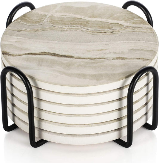Drink Coasters with Holder, Absorbent Coaster Sets of 6, Marble Style Ceramic Drink Coaster for Tabletop Protection,Suitable for Kinds of Cups, Wooden Table, Cool Home Decor, 4 Inches