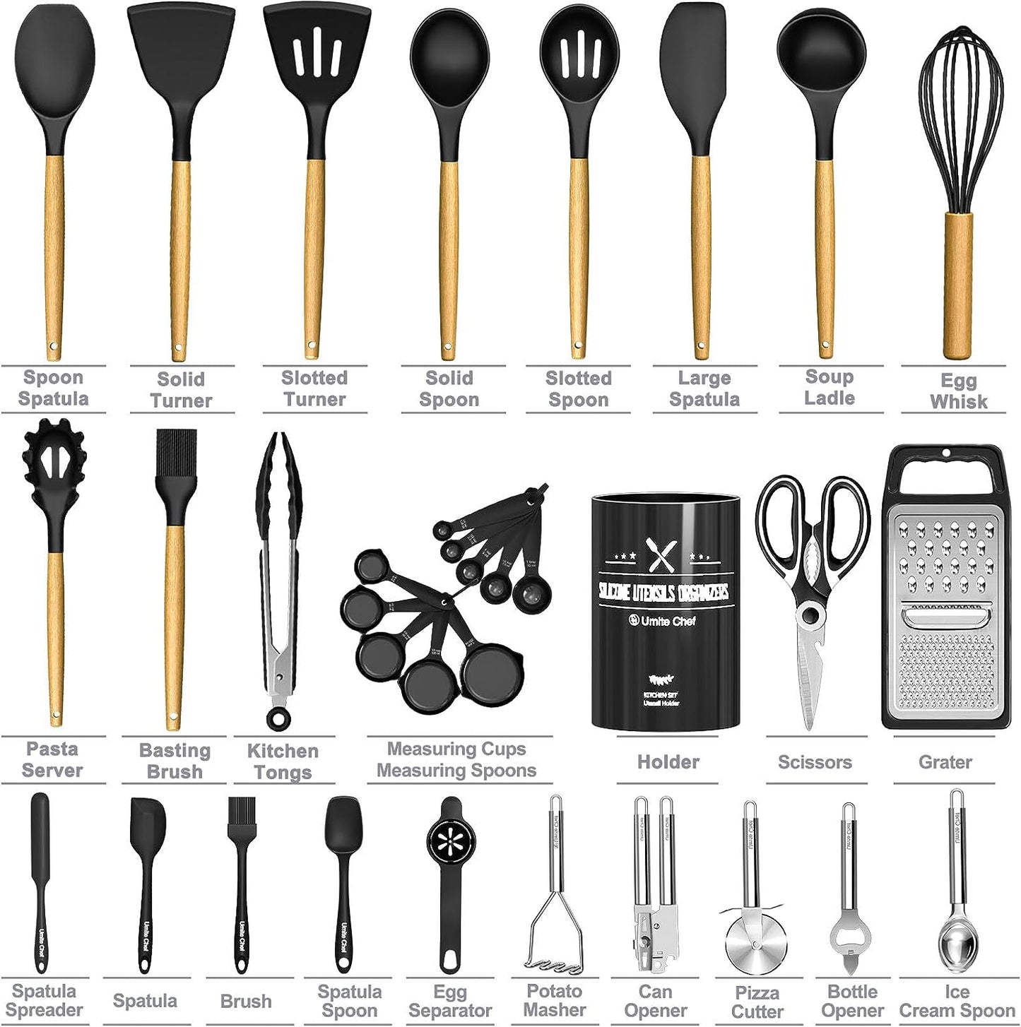 Kitchen Utensils Set- 34PCS Silicone Cooking Utensils with Holder,  Heat Resistant Kitchen Utensil Spatula Set for Nonstick Cookware, Black Wooden Handles Kitchen Gadgets Tools Set