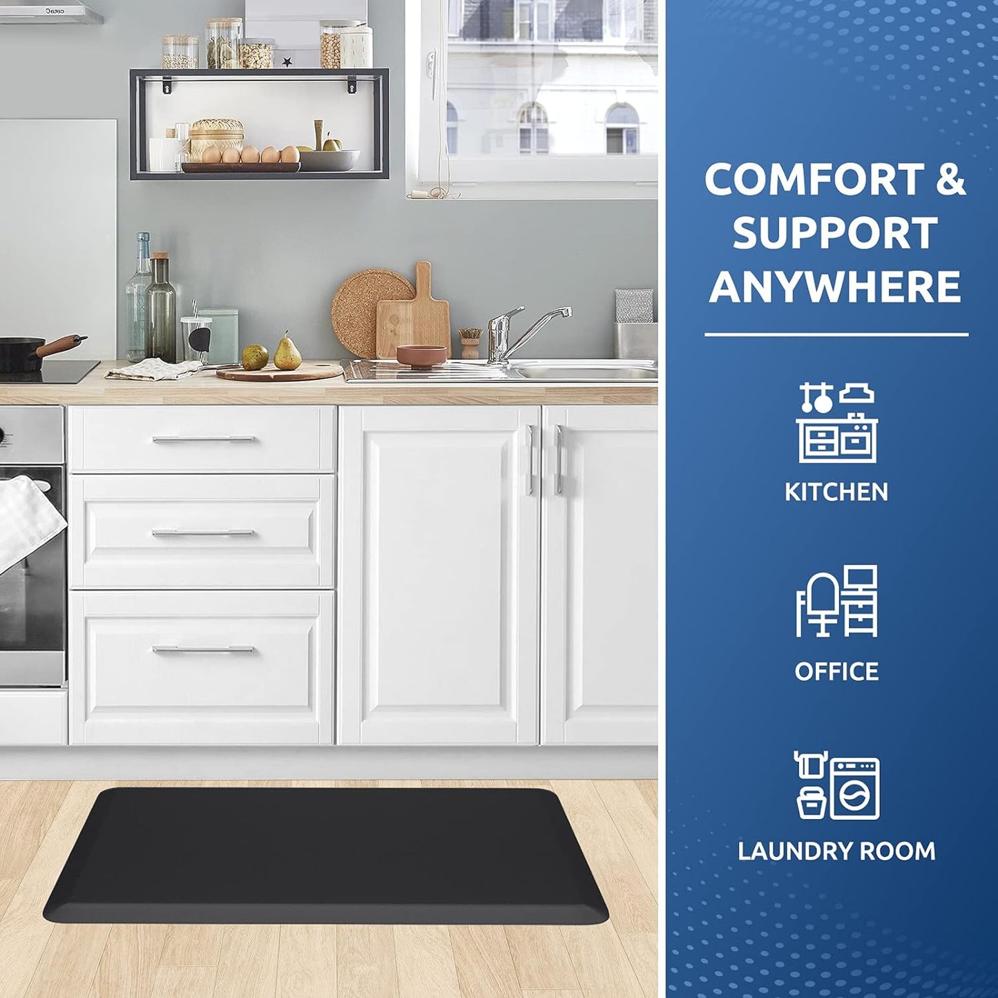 Kitchen Mat Cushioned anti Fatigue Rug 17.3"X28" Waterproof, Non Slip, Standing and Comfort Desk/Floor Mats for House Sink Office (Black)
