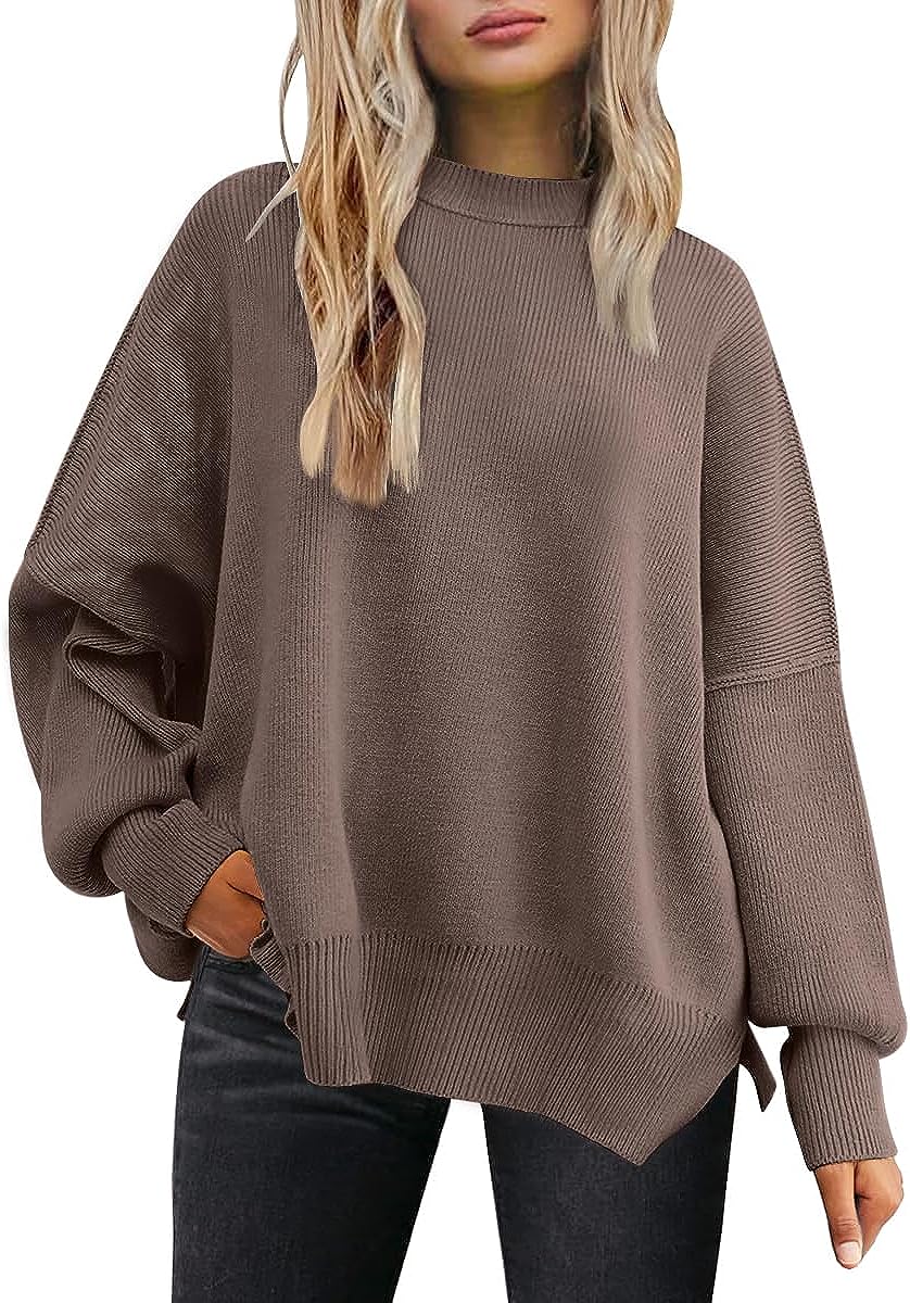 Women'S Crewneck Batwing Long Sleeve Sweater 2023 Fall Oversized Ribbed Knit Side Slit Pullover Top