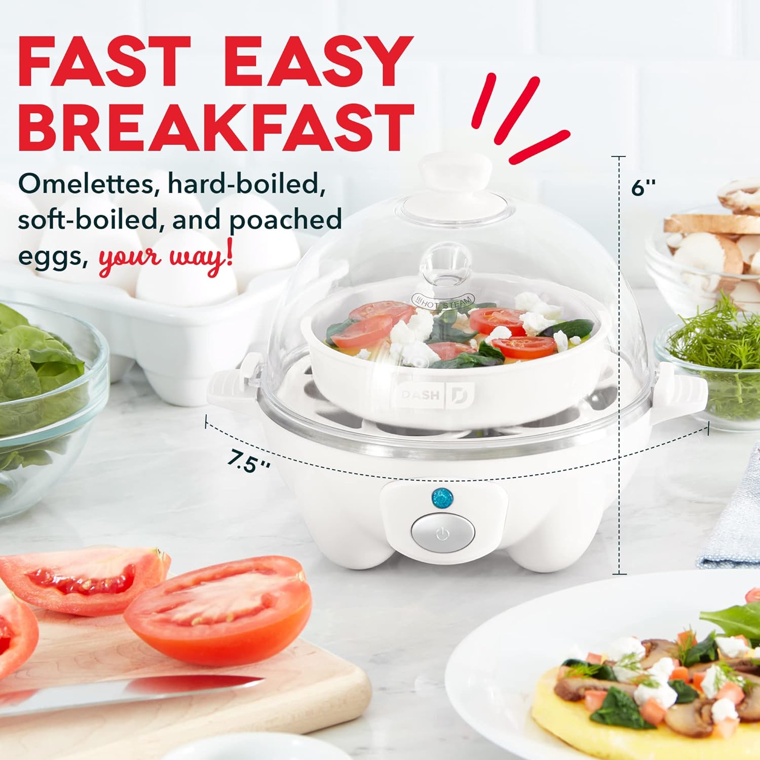 DASH Rapid Egg Cooker: 6 Egg Capacity Electric Egg Cooker for Hard Boiled Eggs, Poached Eggs, Scrambled Eggs, or Omelets with Auto Shut off Feature - White (DEC005WH)