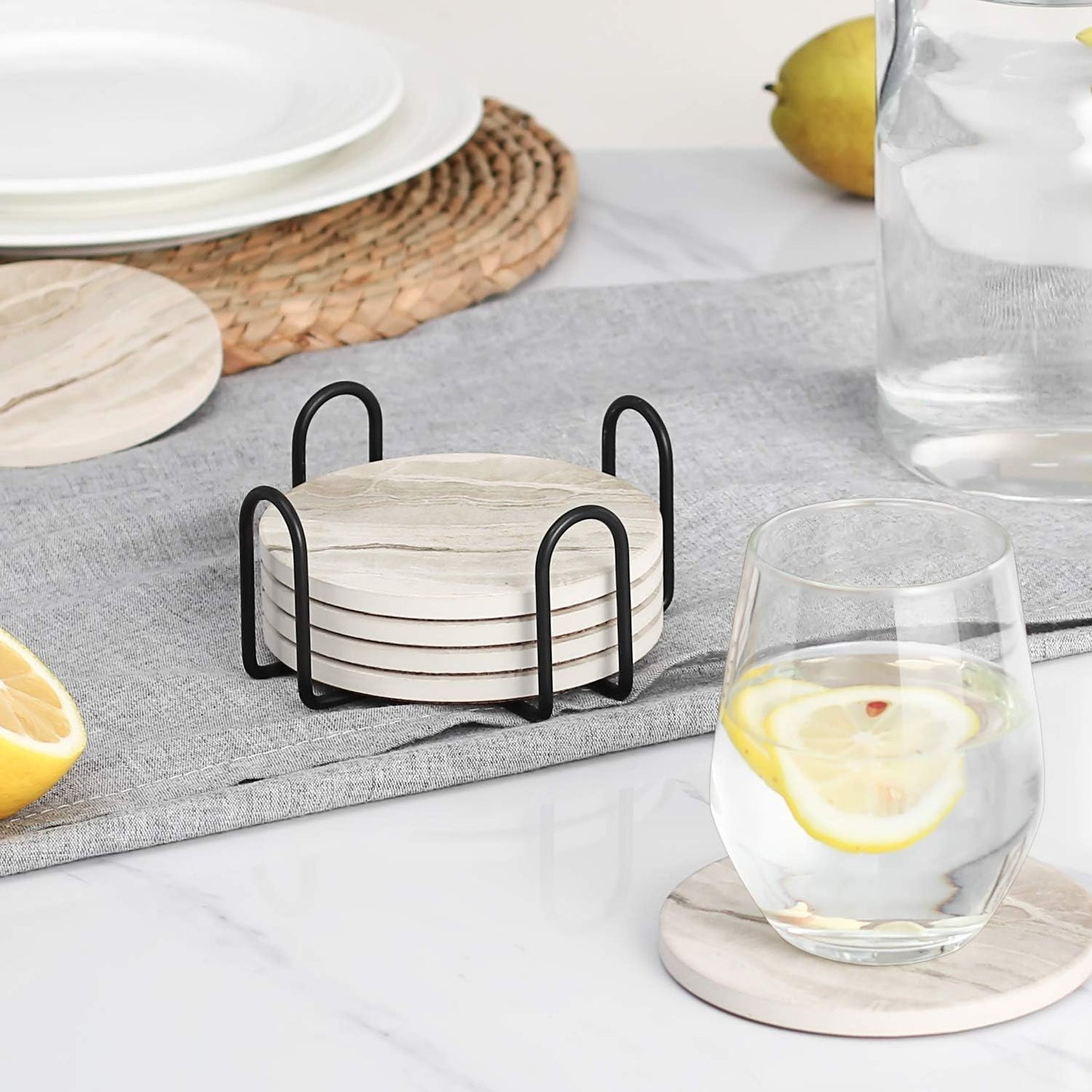 Drink Coasters with Holder, Absorbent Coaster Sets of 6, Marble Style Ceramic Drink Coaster for Tabletop Protection,Suitable for Kinds of Cups, Wooden Table, Cool Home Decor, 4 Inches