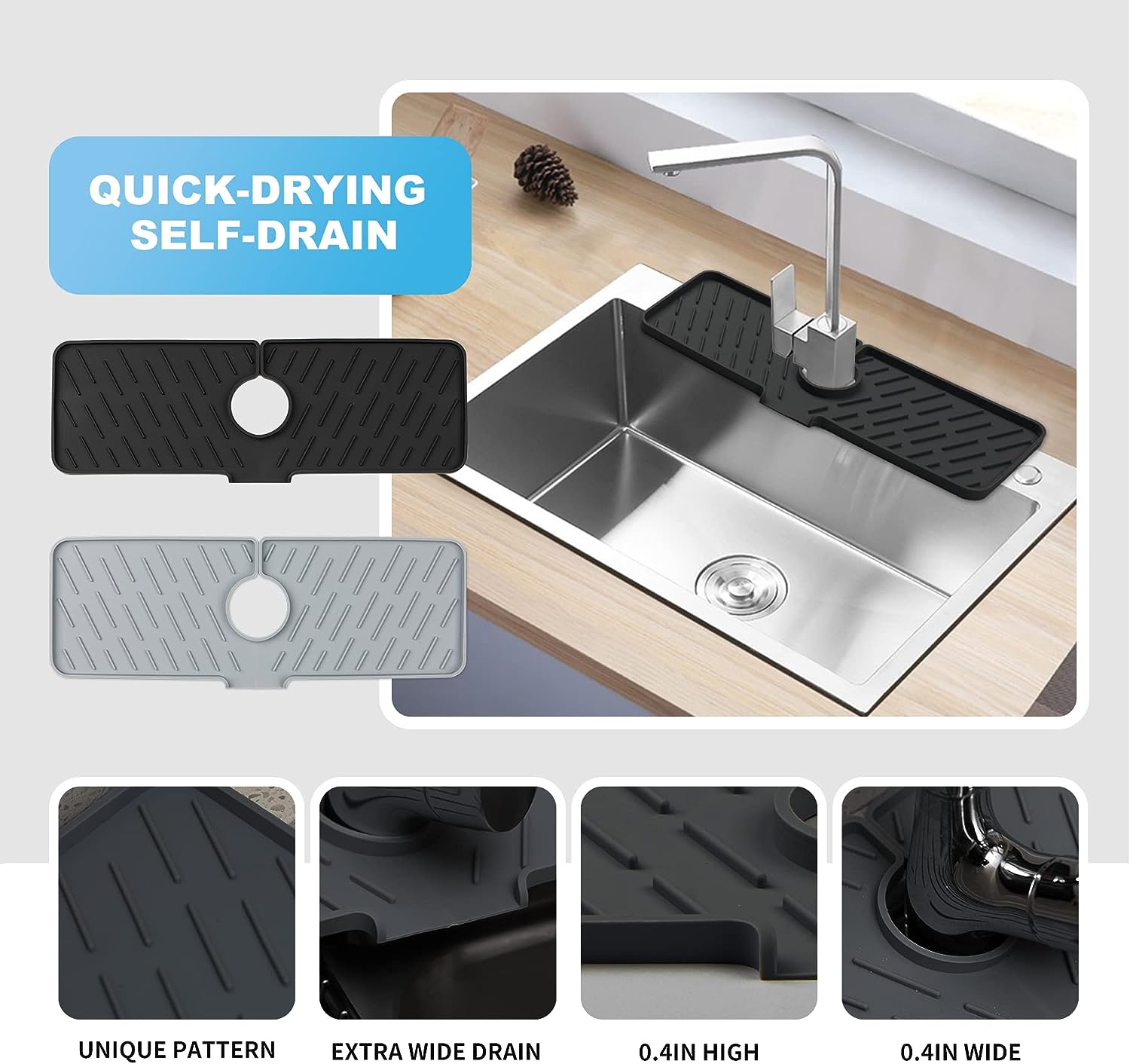 Silicone Faucet Splash Guard, 18” X 5.9”, Faucet Water Catcher Mat, Longer Silicone Sink Mat for Kitchen, Bathroom, Laundry Room, Farmhouse, Bar & RV (Black)